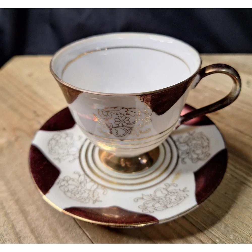 Vintage 1940's Made in Japan Lusterware Teacup and Saucer Maroon Gold Iridescent